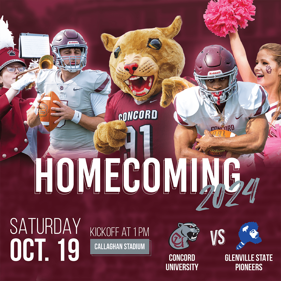 A graphic that states the Concord University Homecoming game against Glenville State will be held on Saturday, October 19 2024 at 1pm