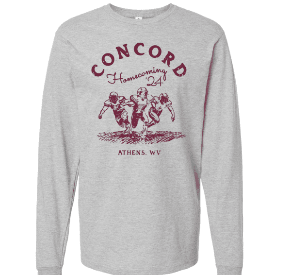 A photo of the 2024 Concord University homecoming shirt. It is a gray long sleeve with a maroon graphic depicting football players on it