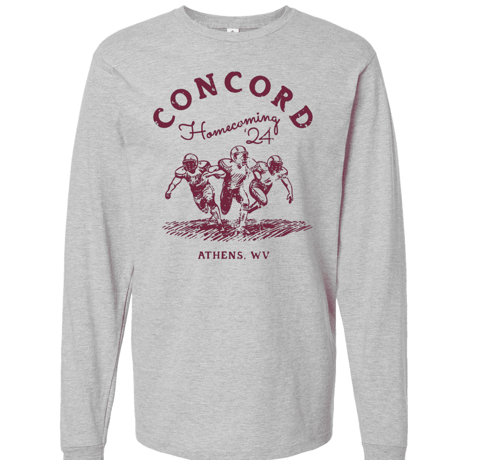 A photo of the 2024 Concord University homecoming shirt. It is a gray long sleeve with a maroon graphic depicting football players on it