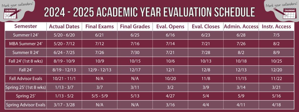 The 2024-2025 academic year evaluation schedule