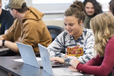 Two students working together on their laptops