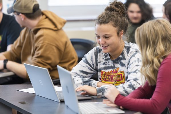 Two students working together on their laptops