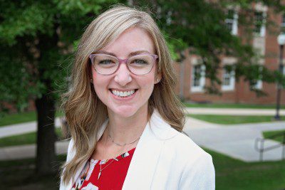 A photo of Dr. Amanda Sauchuck standing in front of the Rahall Technology Center