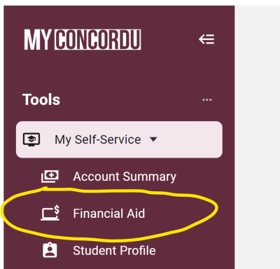 A screenshot of the MyConcordU menu with Financial Aid circled