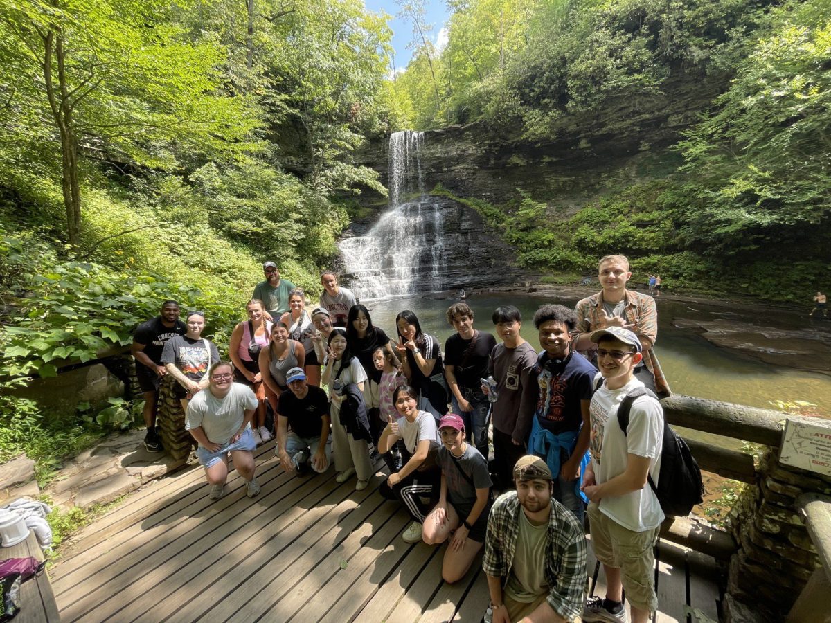 Students hiking by a waterfall