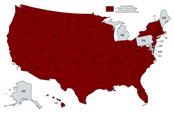 Map showing the USA states in which Concord University's BSN program meets licensure requirements