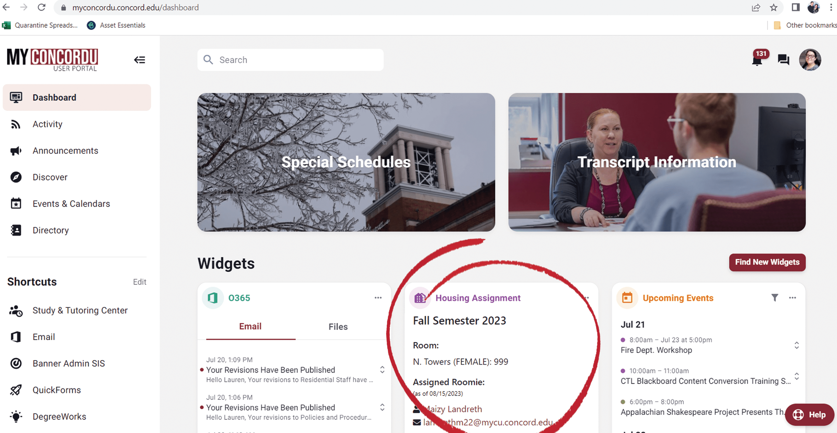 Room Assignment CU Portal with circle