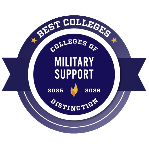 Badge indicating Colleges of Distinction award for Military Support, 2025-2026.