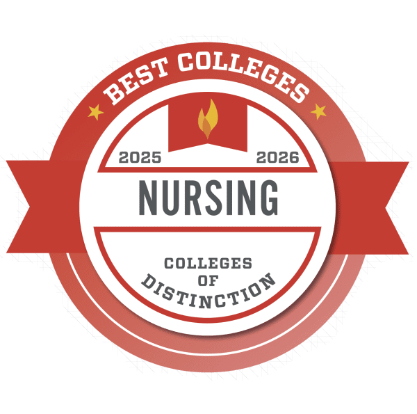 Badge indicating Colleges of Distinction award for Nursing, 2025-2026.