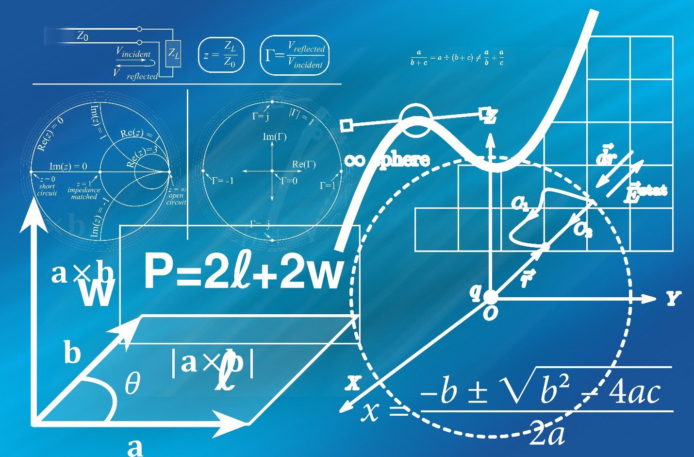 A graphic with a blue background covered in mathematical formulas and theories.